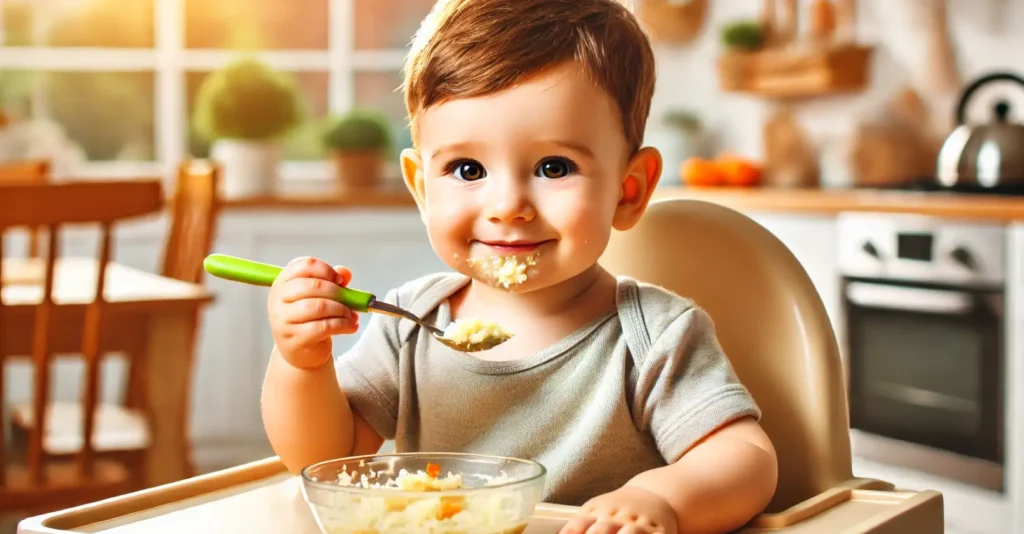 Mom feeds baby nutritious mashed chicken & veggies!