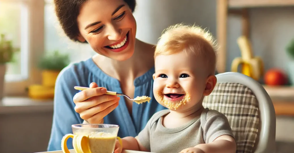 Capture the heartwarming moment of a loving mother watching her 7-month-old baby enjoy banana and oat porridge. A tender, joyful scene of bonding and nourishment!